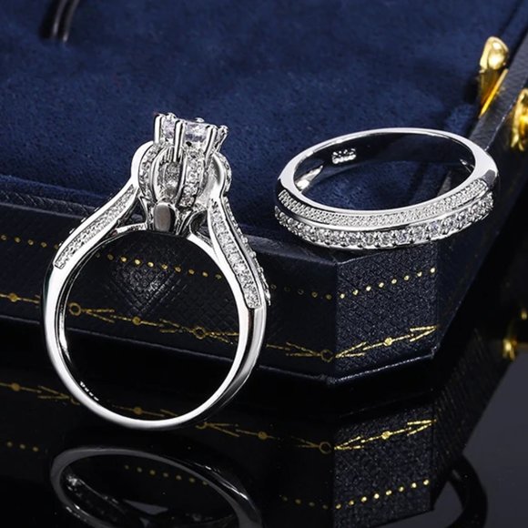 Fancy Ladies Diamond 2pc. Bridal Set .925 Solid Sterling Silver, - Picture 2 of 6